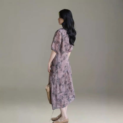 2025 spring and summer ramie ink skirt, printed diagonally divided pleated short-sleeved cotton and linen dress women A0665