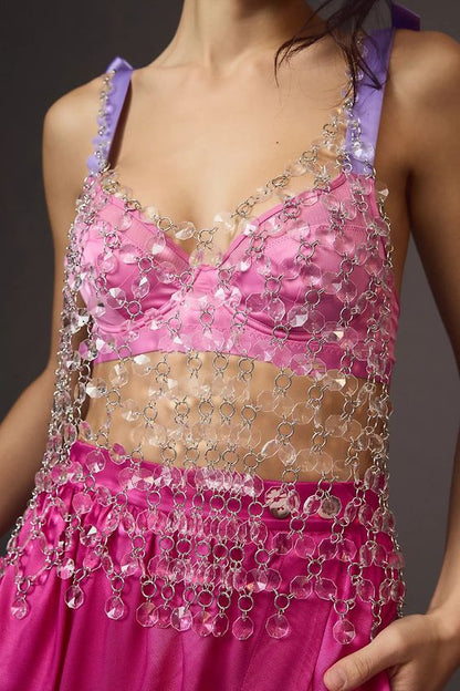 YH3575 2025 hot-selling vest acrylic sequin splicing hollow halter top small vest body chain