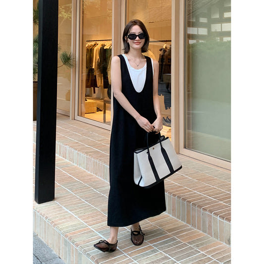 2025 THE MIND two-piece set contrasting color vest + dress 2025 thirteen lines spring Korean version simple long dress T071