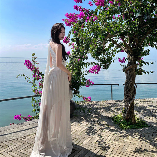 2025 Ancient Greek Muse shoulder streamer dress summer white super fairy light wedding dress photo dress vacation beach dress