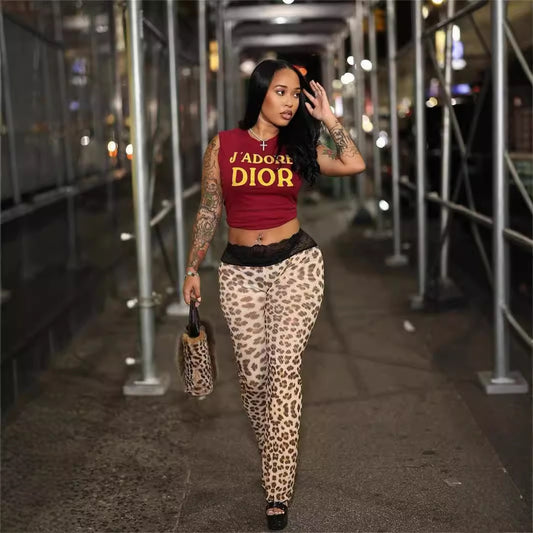 popular autumn new New  fashion versatile high sense leopard print slim Spice girl lace mid-waist trousers women