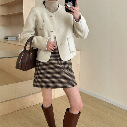 2025 Solid color rough edge pocket decorative round neck single-breasted front shoulder short double-sided nylon wool woolen coat coat women