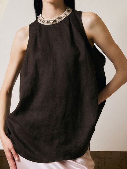 2025 Design Sense Loose Pattern Handmade Beaded Linen Sleeveless Shirt Top Women's  Summer