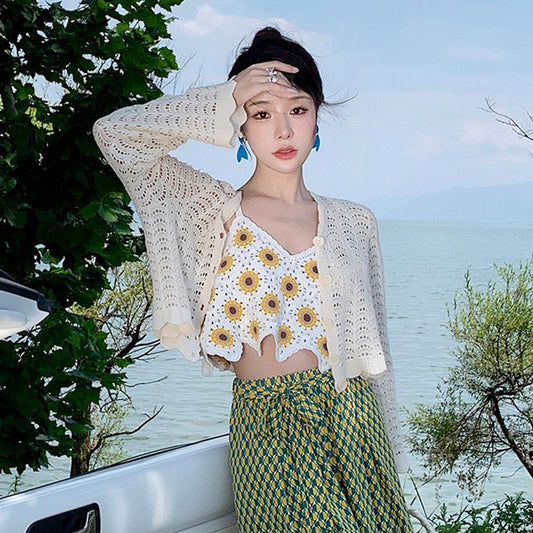2025 Hollow knitted cardigan women's spring and summer thin slightly transparent long-sleeved sweater jacket crew neck air-conditioning shirt sunscreen top