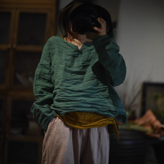 2025  24/3 halfway, casual literary and retro sand washed linen rough edge literary and retro jumper