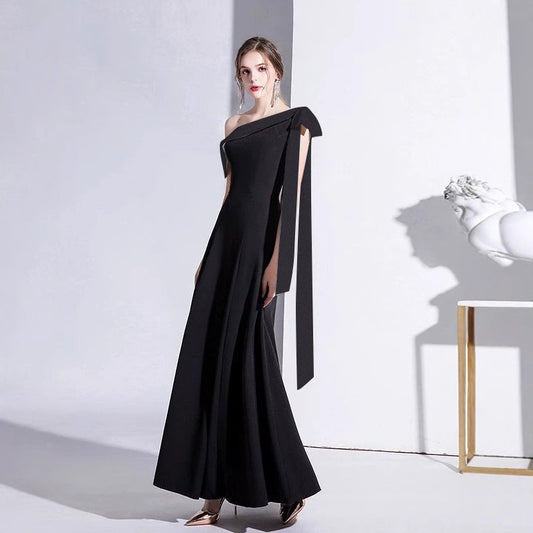 2025 Black evening dress women's  spring new one-shoulder celebrity temperament banquet dress slim long daily dress
