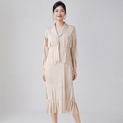 2025 Women's temperament fashion suit women's high-end fringed sleeveless dress cardigan shawl jacket two-piece set spring