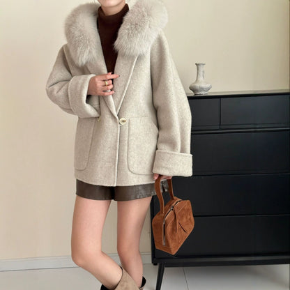 2025 Fox fur hooded large pocket double-breasted removable double-sided wool coat medium and long woolen coat women's autumn and winter