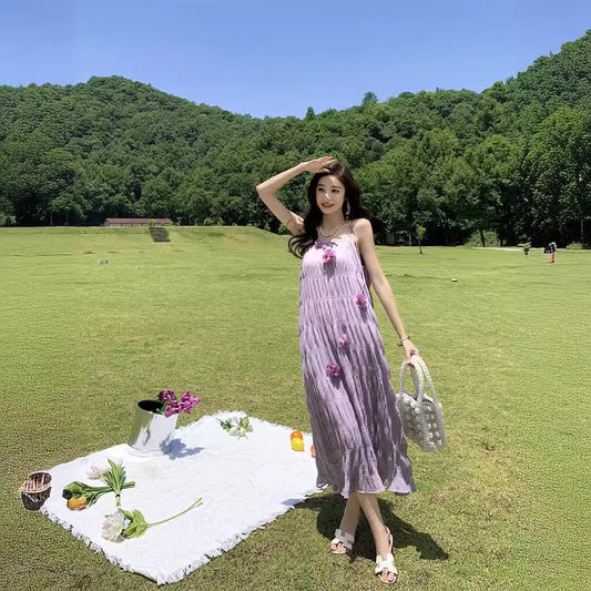 2025 Forest fairy purple niche suspender dress three-dimensional flower high-end romantic pleated holiday style dress summer