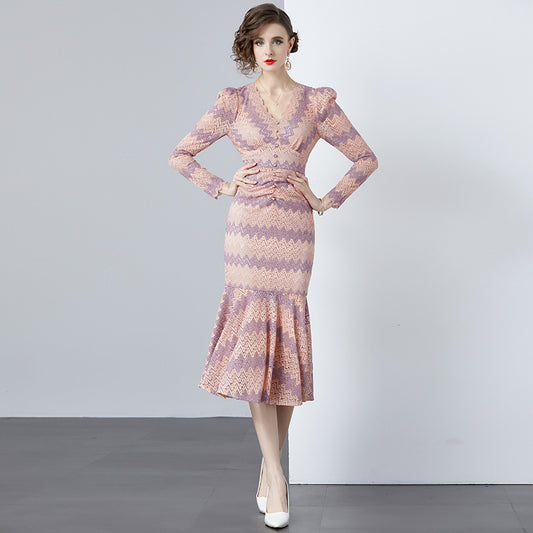 Popularan Station Fishtail Dress Spring and Autumn New Women's Clothing  V-Neck Long Sleeve Bottom Slim and Skinny Hip Wrap Skirt