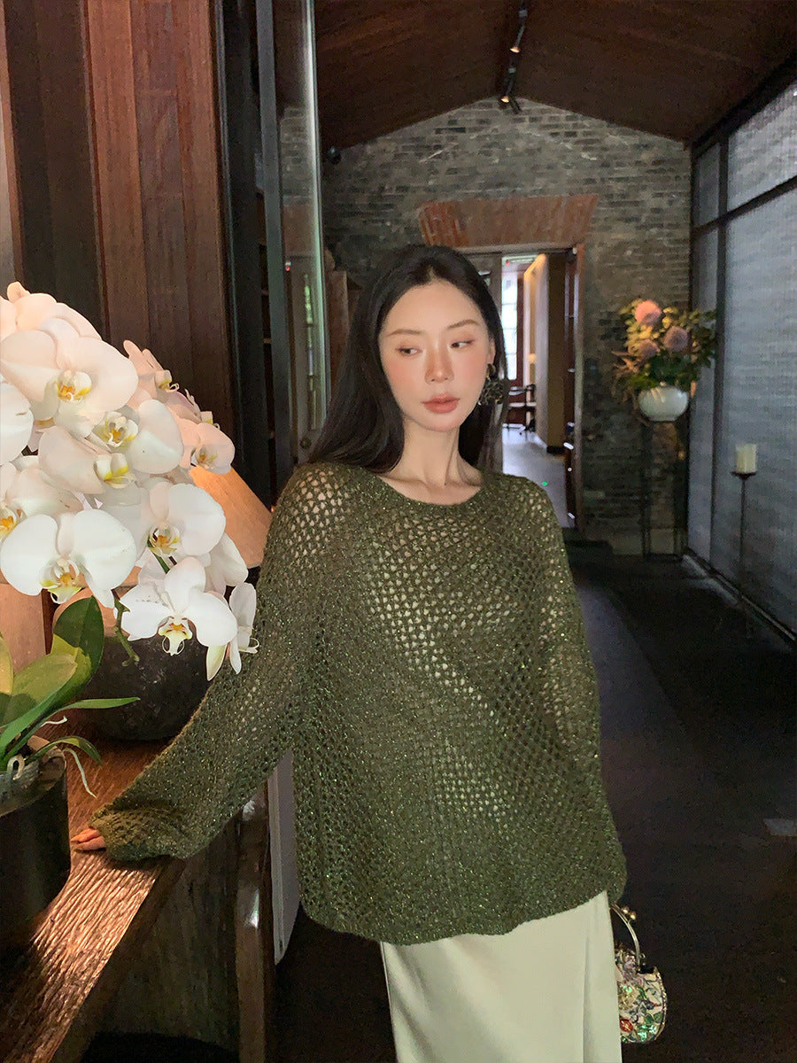 2025 popular autumn loose long-sleeved hollow knitted sweater women's top oversize sweater 25064