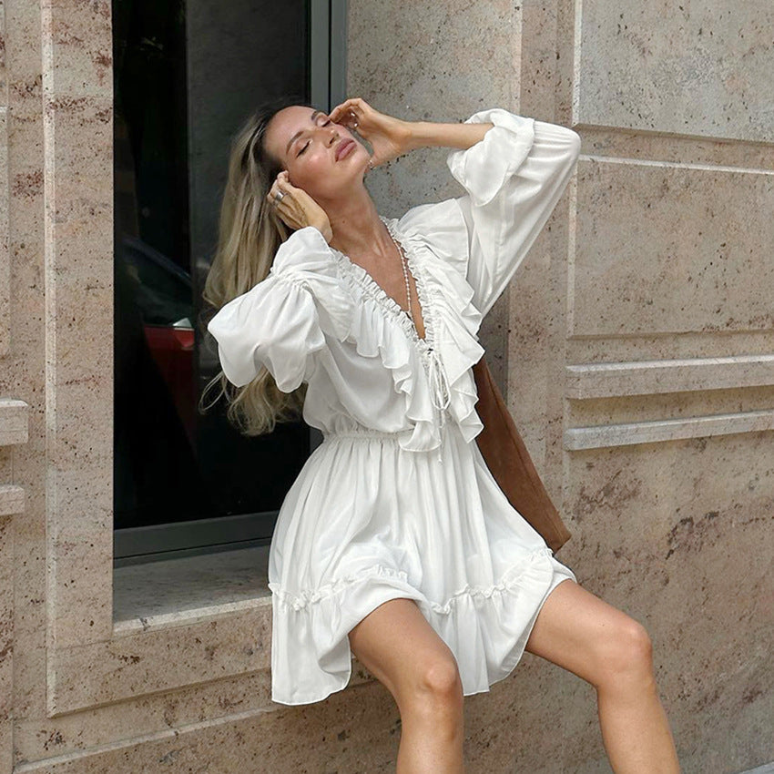 2025 Early autumn fashionable white chiffon sexy slim V-neck ruffle edge long-sleeved lace-up dress casual women's wholesale