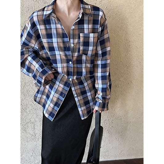 Luxi, retro lazy plaid shirt women's summer long-sleeved loose trend fashion light and thin sunscreen shirt 8682