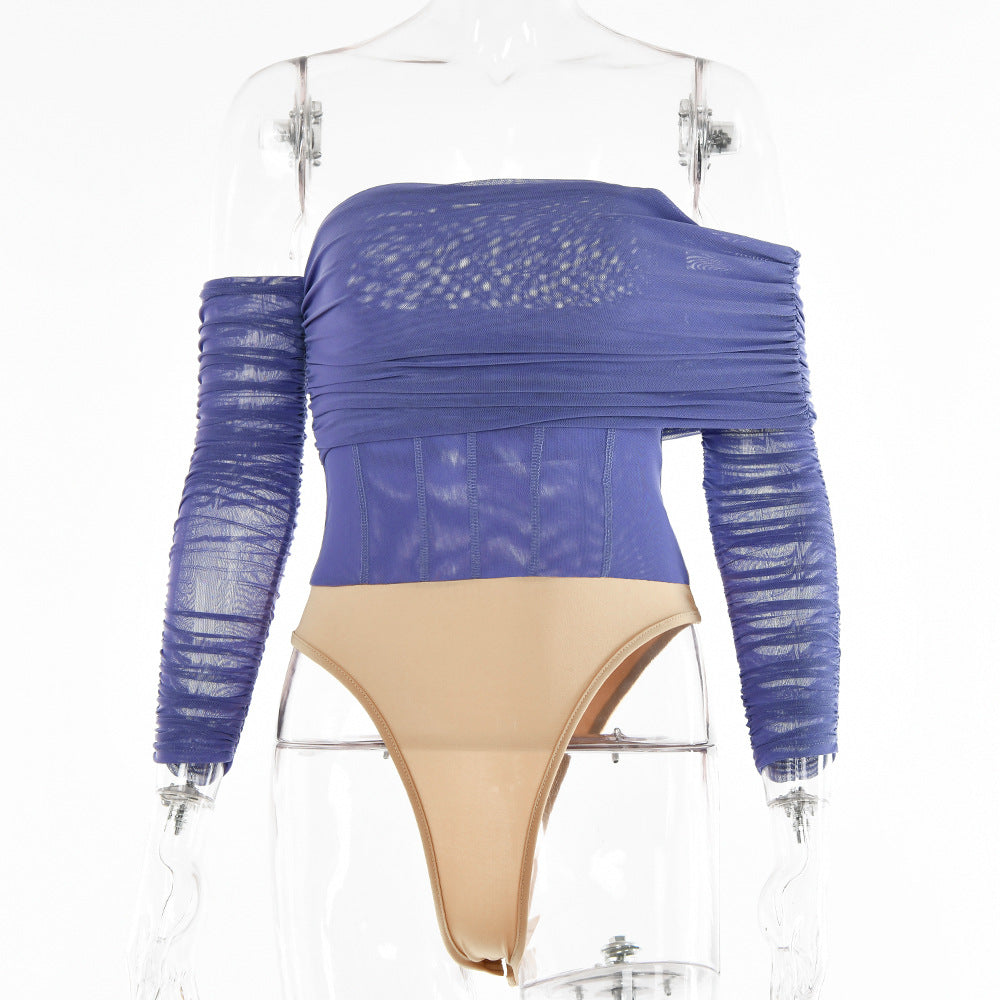 2025 wish sexy see-through bottoming shirt women's  summer new one-word shoulder long-sleeved solid color backless onesie