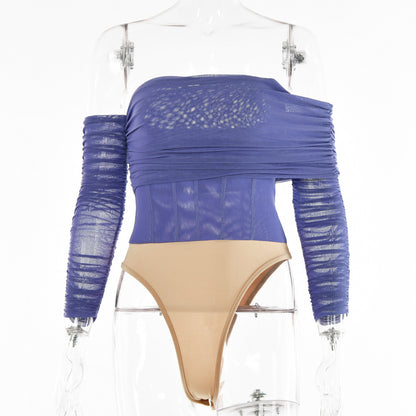 2025 wish sexy see-through bottoming shirt women's  summer new one-word shoulder long-sleeved solid color backless onesie