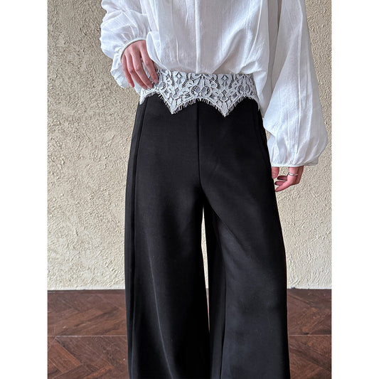 Luxi, Korean lace splicing casual wide-leg pants women's spring new high-waisted versatile soft waxy straight trousers 2890