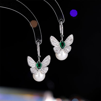 2025 fashion light luxury retro earrings slightly inlaid zircon personality versatile high-end earrings female butterfly pearl ear buckle