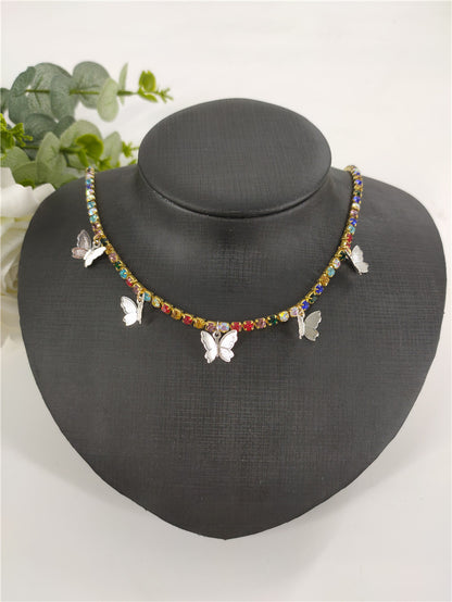 2025 ins Popular trade rhinestone chain copper butterfly necklace female pendant neck chain Popular trade chocker fb1030