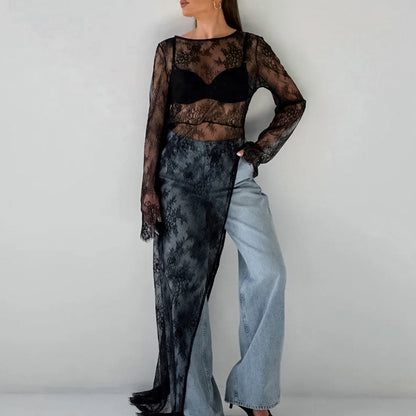 2025 Sexy black perspective dress brocade lace round neck long sleeve split asymmetric dress summer  versatile dress