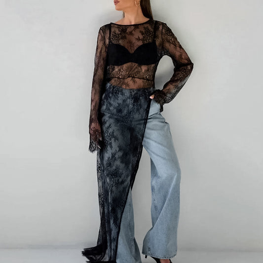 2025 Sexy black perspective dress brocade lace round neck long sleeve split asymmetric dress summer  versatile dress