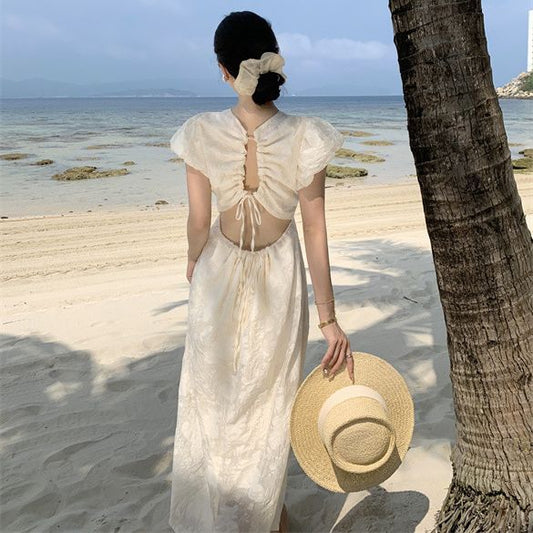2025 Haute Sense Pure Desire Butterfly Hollow Backless Jacquard Bubble Sleeve Apricot Sexy Leaky Back Holiday Style Dress