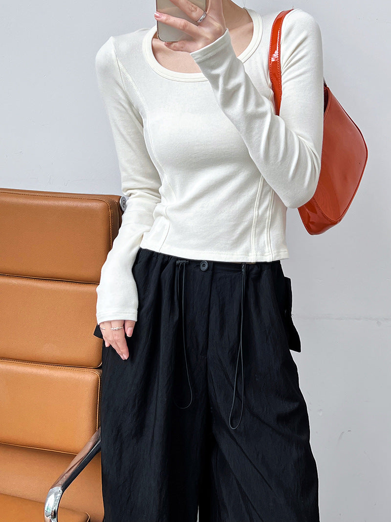 Luxi, Spice Girl splicing slim-fit exposed collarbone soft waxy bottoming shirt autumn new big U-neck long-sleeved T-shirt women 2988
