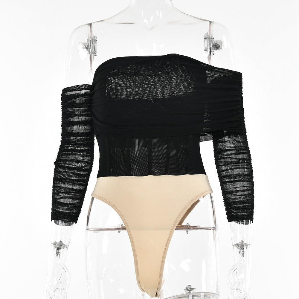 2025 wish sexy see-through bottoming shirt women's  summer new one-word shoulder long-sleeved solid color backless onesie