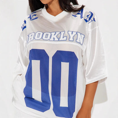 popular autumn new New n retro sports style letter printing loose casual V-neck short-sleeved top