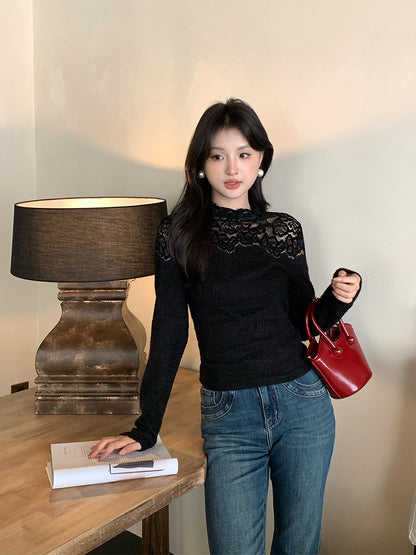 2025 popular autumn and winter new temperament round neck lace polished bottoming shirt women's versatile top tide 89129