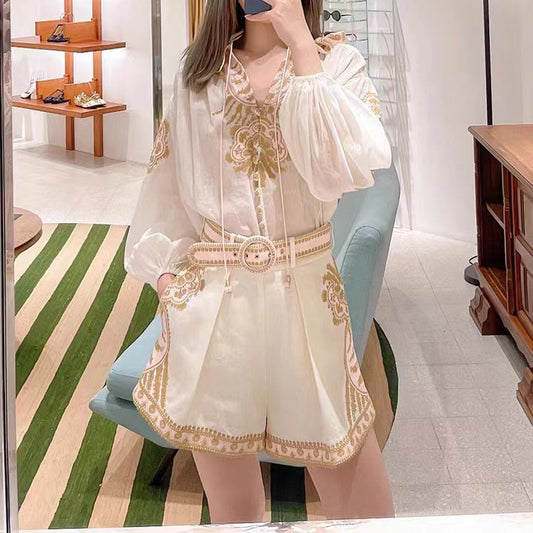 2025 spring new niche design heavy industry three-dimensional embroidered shirt shorts set