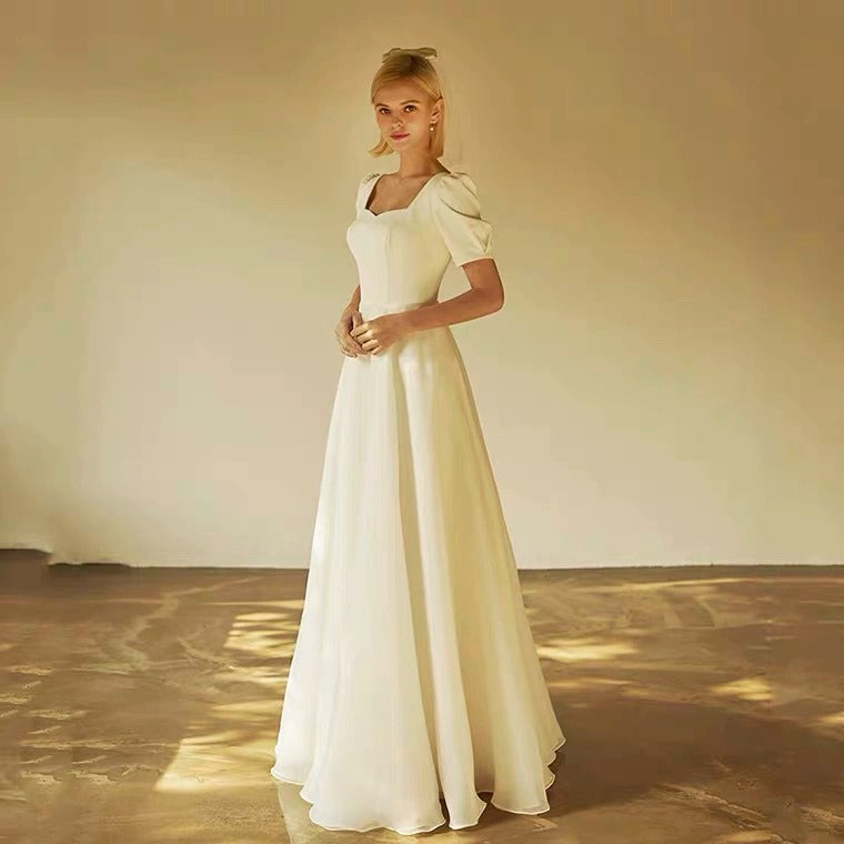 2025 Large size light wedding dress  simple fat MM travel photography Korean version solid color enlarged and fattened wedding certificate satin dress