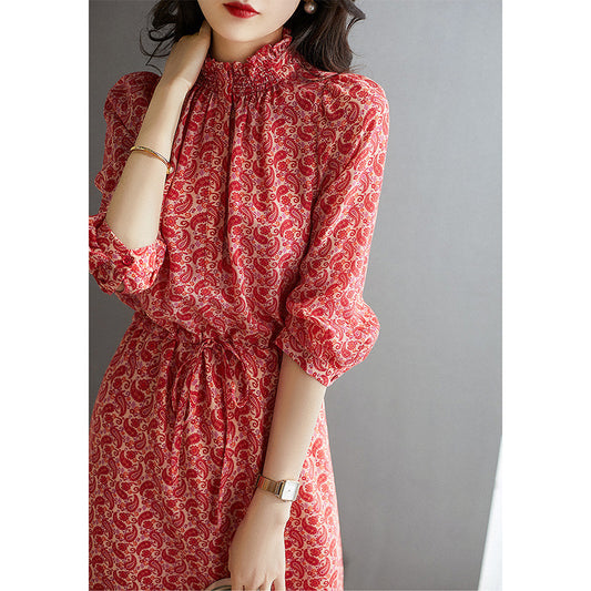2025 Fungus edge small stand-up collar silk dress printed heavy mulberry silk red skirt  new women's clothing medium and long