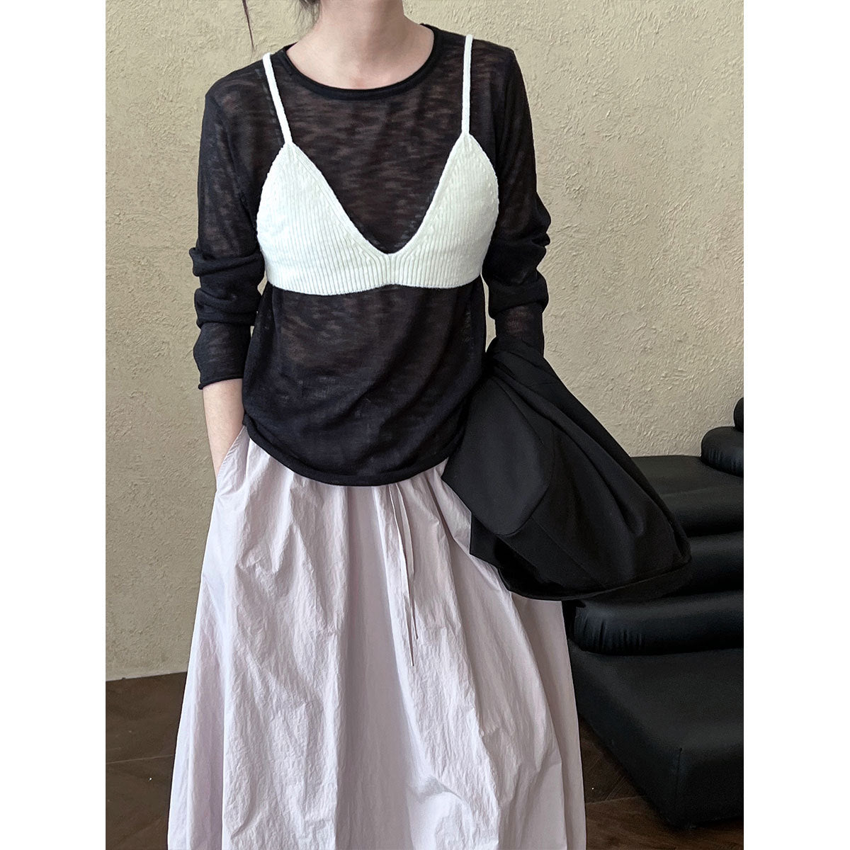 Luxi Korean sling vest + crew neck knitted sweater set for women's  spring new contrasting colors stacked two-piece set ss708