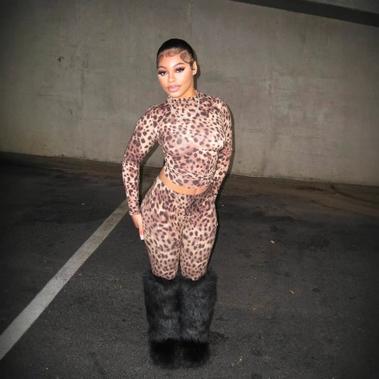 Autumn and winter new New  leopard print wild slim sexy elastic fashion long-sleeved short top trousers set