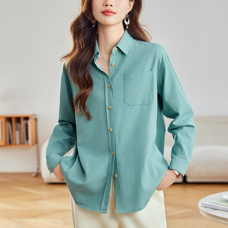 [Customized] Wooden button green shirt women's long sleeves  spring clothes new medium and long top loose shirt