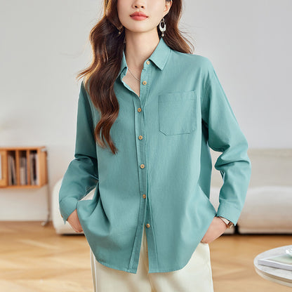 [Customized] Wooden button green shirt women's long sleeves  spring clothes new medium and long top loose shirt