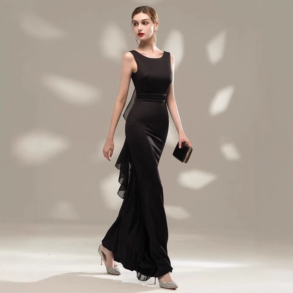 2025 Black art exam solo evening dress dress girl  new slim temperament banquet haute couture fishtail host long