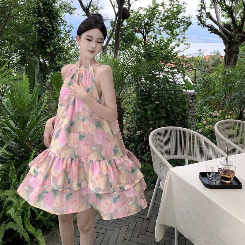 2025 neck dress, small floral cake skirt, bow-tie tutu skirt, women's summer seaside vacation style