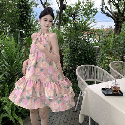 2025 neck dress, small floral cake skirt, bow-tie tutu skirt, women's summer seaside vacation style