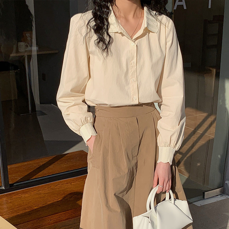 [Customized] Shirt Women's  Spring New Cotton  Apricot Lace Collar Long Sleeve Shirt