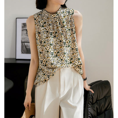 2025 Romantic floral silk top, design lace-up mulberry silk sleeveless T-shirt  summer new  suspenders