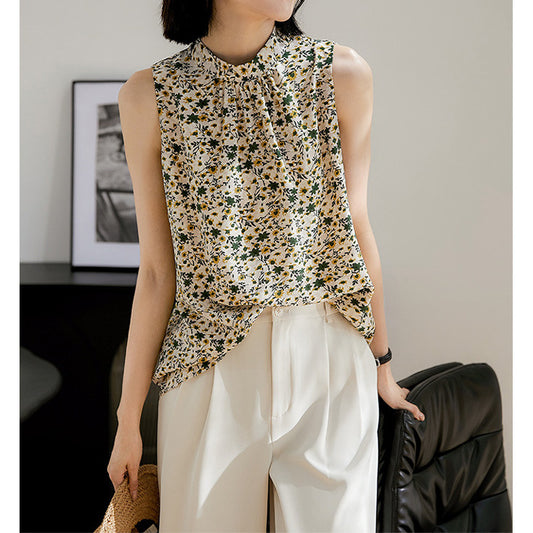 2025 Romantic floral silk top, design lace-up mulberry silk sleeveless T-shirt  summer new  suspenders