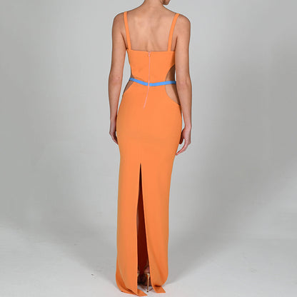 2025 's new contrasting color splicing suspender backless A-word skirt, a hot-selling sexy waist split dress for women in autumn
