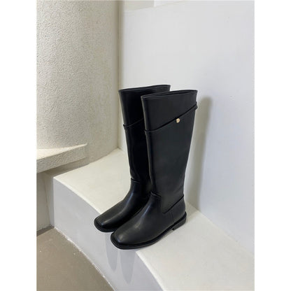 2025  South Korea Dongdaemun high boots women's boots autumn and winter new big tube circumference retro small gold buckle knee knight boots