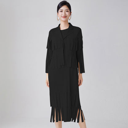 2025 Women's temperament fashion suit women's high-end fringed sleeveless dress cardigan shawl jacket two-piece set spring