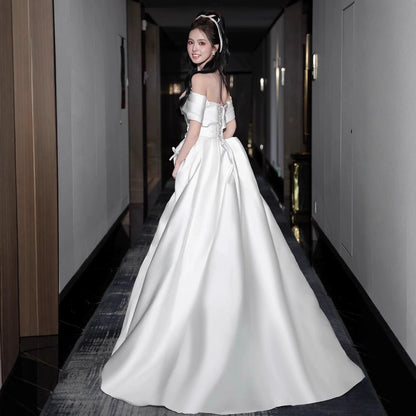 2025 satin light wedding dress bride engagement certificate registration one-word shoulder dress simple daily bow small white dress