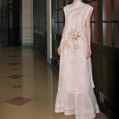 2025 Customized  spring and summer new Chinese style light luxury stand-up collar embroidered sleeveless sequins loose vest dress set