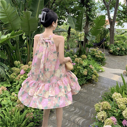 2025 neck dress, small floral cake skirt, bow-tie tutu skirt, women's summer seaside vacation style