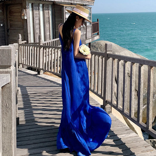 2025 Klein blue Sanya beach dress summer suspender sexy backless and thin seaside vacation super fairy long dress