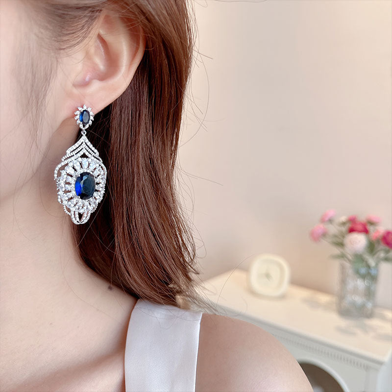 2025 luxury retro court style exaggerated long zircon stud earrings elegant silver needle bridal dress ear jewelry